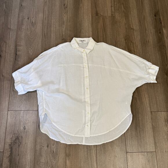 Madewell Oversized Button-Up Shirt SZ XL White Cotton-Linen 3/4 Pleated-Sleeves - Picture 5 of 9